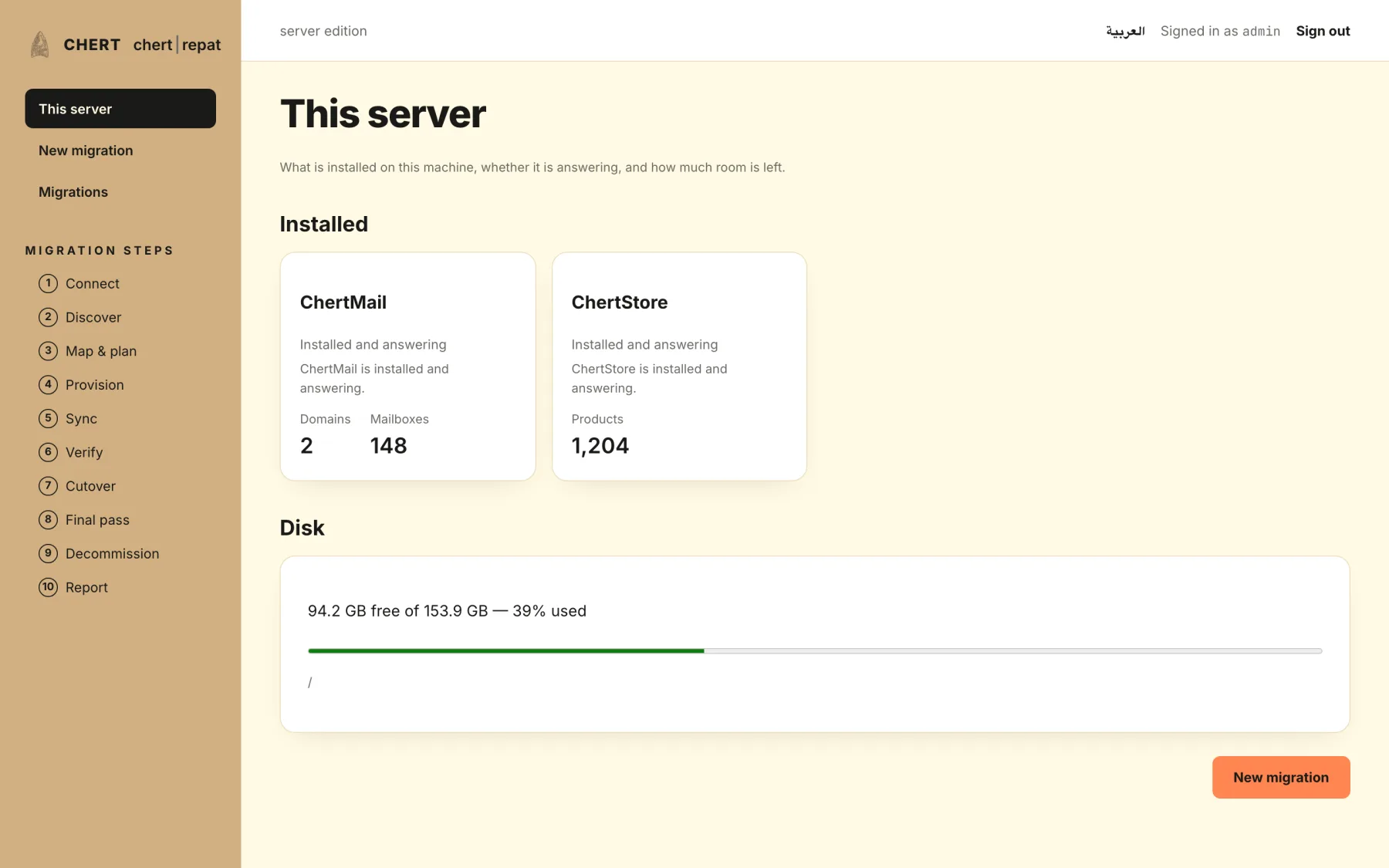 The server dashboard — what is installed, whether it answers, how much disk is left