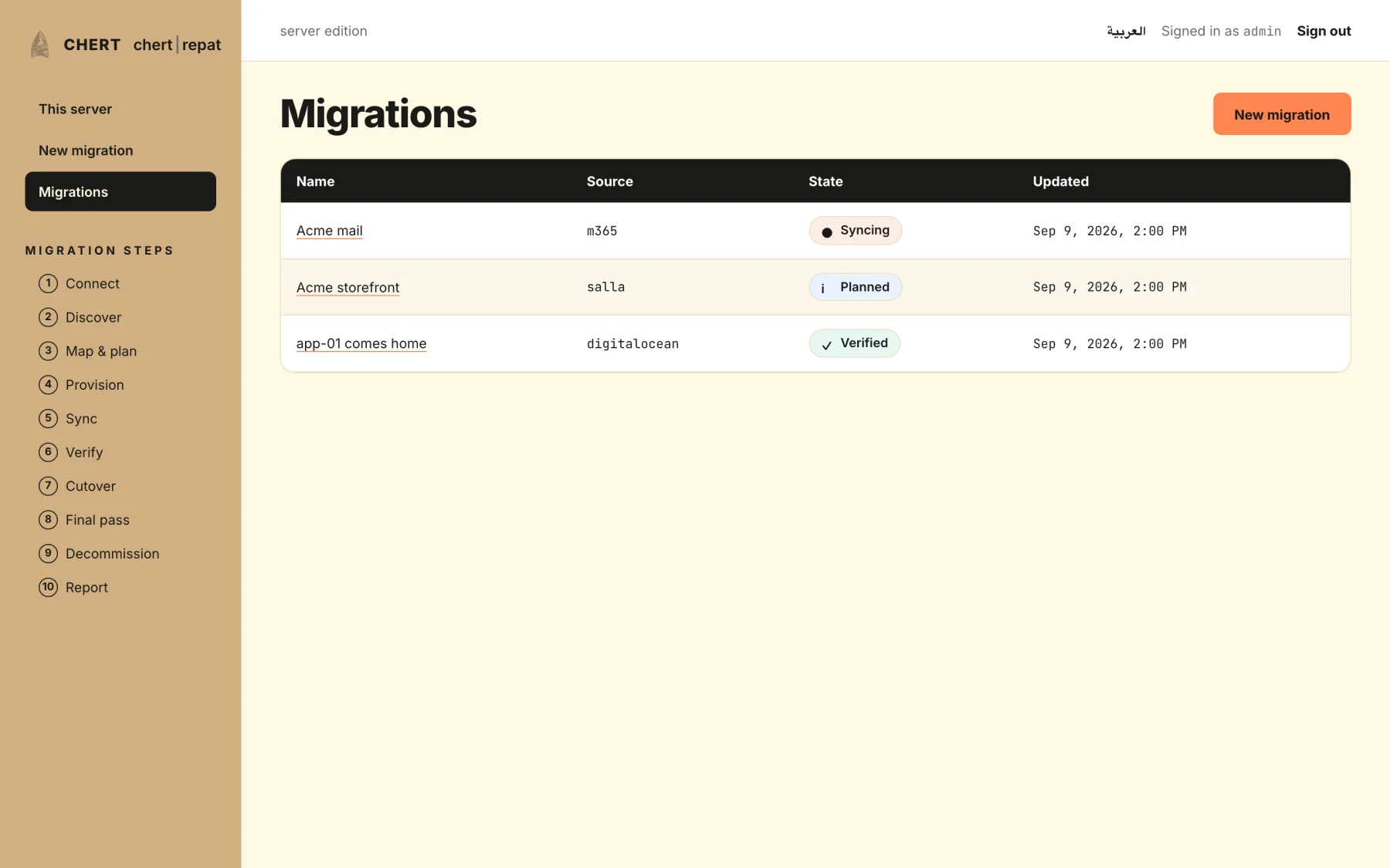 The migrations list — mail, store and server jobs with their states